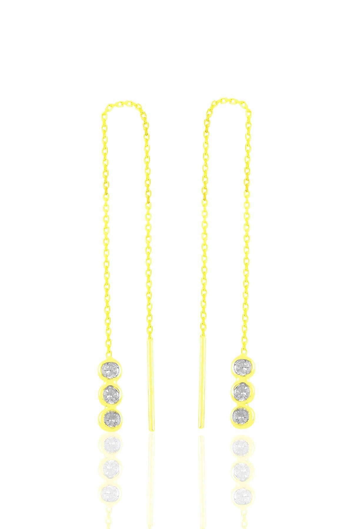 Gümüş altın yaldızlı zirkon taşlı pırıltılı zincir  küpe SGTL11364GOLD