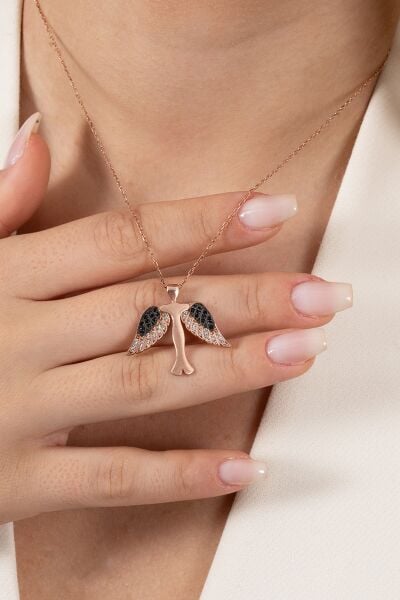 925 ayar gümüş kolye rose siyah taşlı kanatlı yükseliş kolyesi SGTL13144ROSE