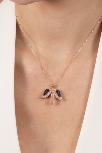 925 ayar gümüş kolye rose siyah taşlı kanatlı yükseliş kolyesi SGTL13144ROSE