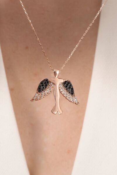 925 ayar gümüş kolye rose siyah taşlı kanatlı yükseliş kolyesi SGTL13144ROSE