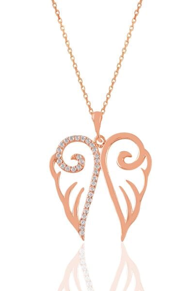 Gümüş rose zirkon taşlı işlemeli kanat kolye SGTL11035ROSE