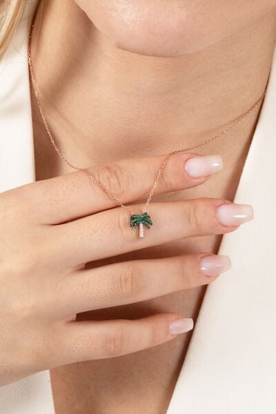 925 ayar gümüş kolye rose yeşil taşlı palmiye kolye SGTL13145ROSE