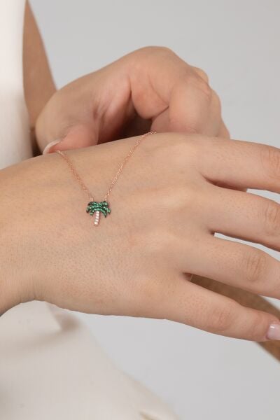 925 ayar gümüş kolye rose yeşil taşlı palmiye kolye SGTL13145ROSE