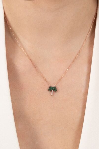 925 ayar gümüş kolye rose yeşil taşlı palmiye kolye SGTL13145ROSE