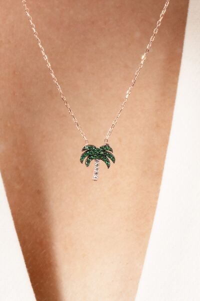 925 ayar gümüş kolye rose yeşil taşlı palmiye kolye SGTL13145ROSE