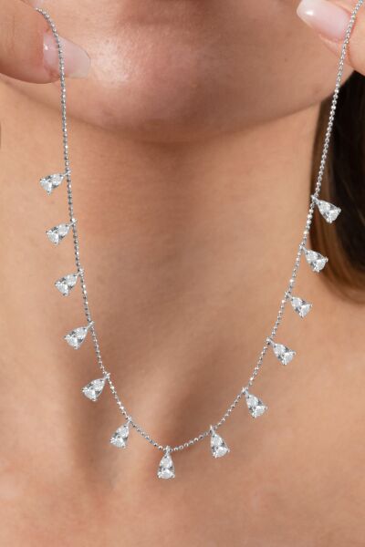 925 ayar gümüş kolye rodyumlu zirkon taşlı top zincirli damlalı kolye  SGTL13146RODAJ