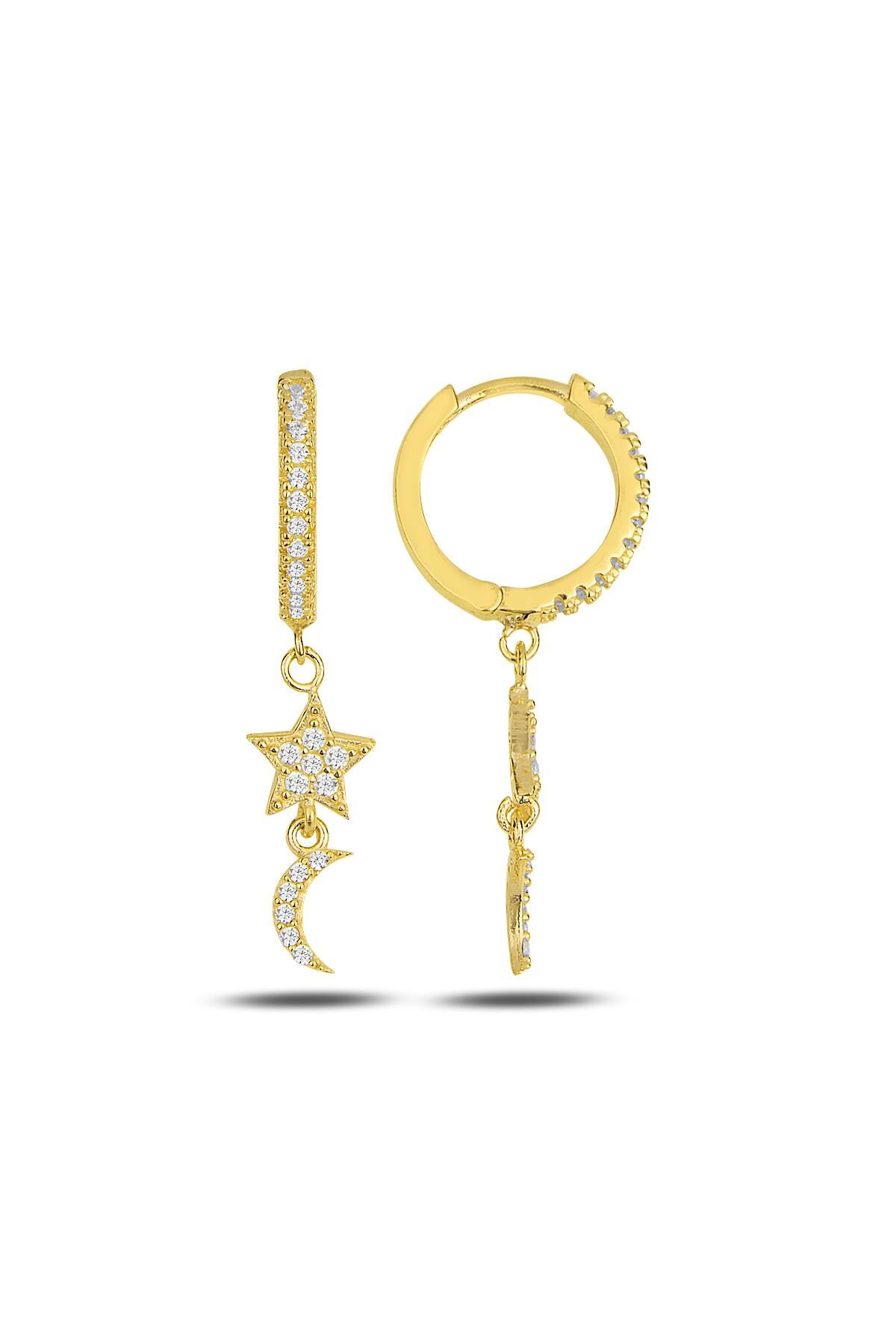Gümüş altın yaldızlı zirkon taşlı ay yıldız halka küpe SGTL11913GOLD