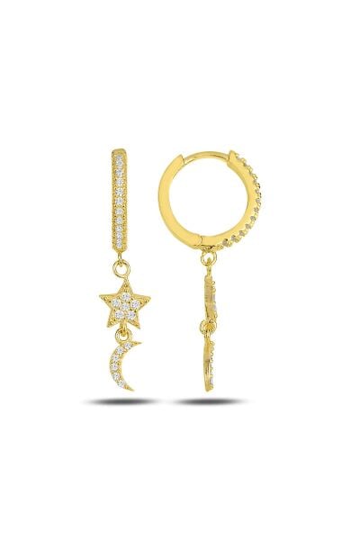 Gümüş altın yaldızlı zirkon taşlı ay yıldız halka küpe SGTL11913GOLD