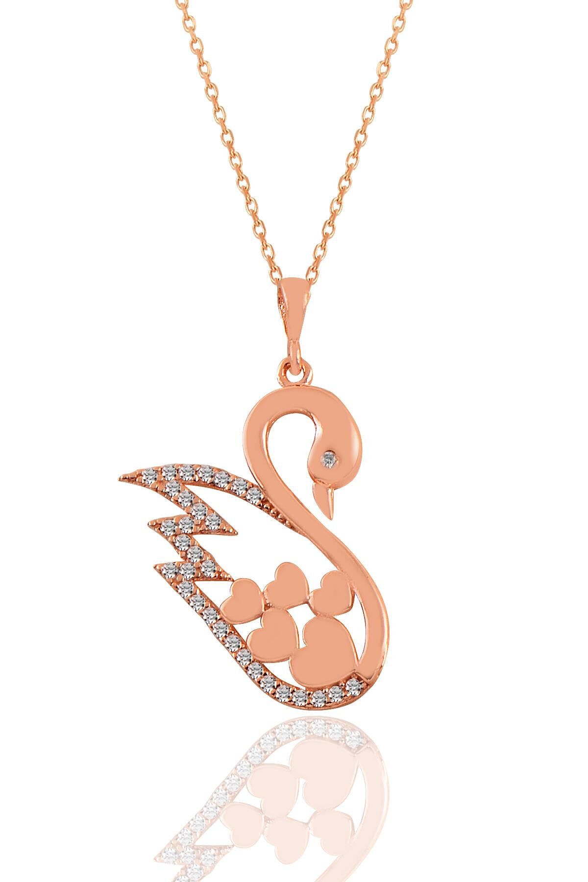 Gümüş rose zirkon taşlı kalpli kuğu kolye SGTL11033ROSE