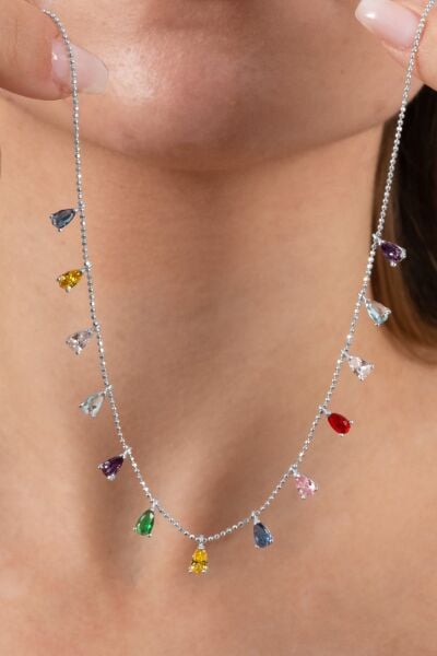 925 ayar gümüş kolye rodyumlu renkli zirkon taşlı top zincirli damlalı kolye  SGTL13146RENKLI