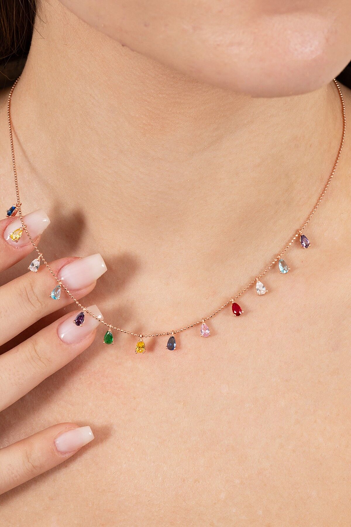 925 ayar gümüş kolye rose renkli zirkon taşlı top zincirli damlalı kolye  SGTL13146ROSE