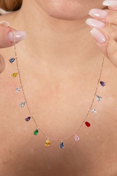 925 ayar gümüş kolye rose renkli zirkon taşlı top zincirli damlalı kolye  SGTL13146ROSE