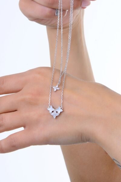 Gümüş rodyumlu zirkon ve sedef taşlı dörtlü çift zincirli yonca kolye SGTL12968RODAJ