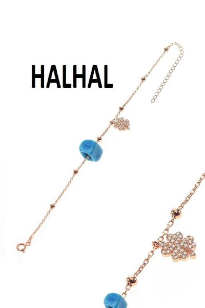 Gümüş yonca ve  turkuaz taşlı toplu zincir halhal SGTL8849halhalturkuaz