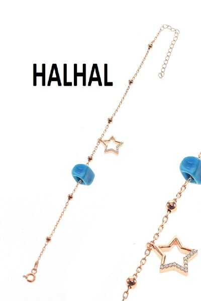 Gümüş yıldız ve toplu turkuaz taşlı zincir halhal SGTL8850halhalturkuaz