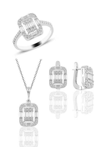 Gümüş rodyumlu  gümüş baget taşlı üçlü set SGTL10737RODAJ