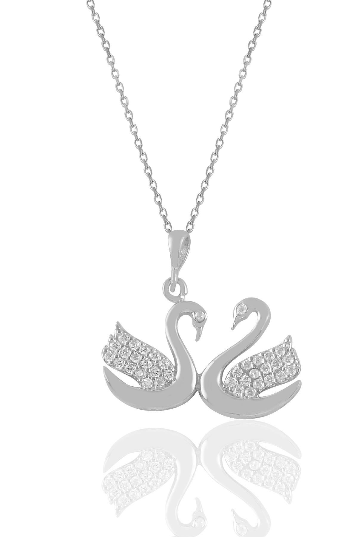 Gümüş rodyumlu zirkon taşlı çift kuğu kolye SGTL11032RODAJ