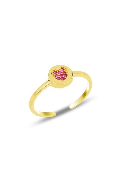 Gümüş altın yaldızlı fuşya taşlı kalp modeli ayarlamalı yüzük SGTL11910GOLD