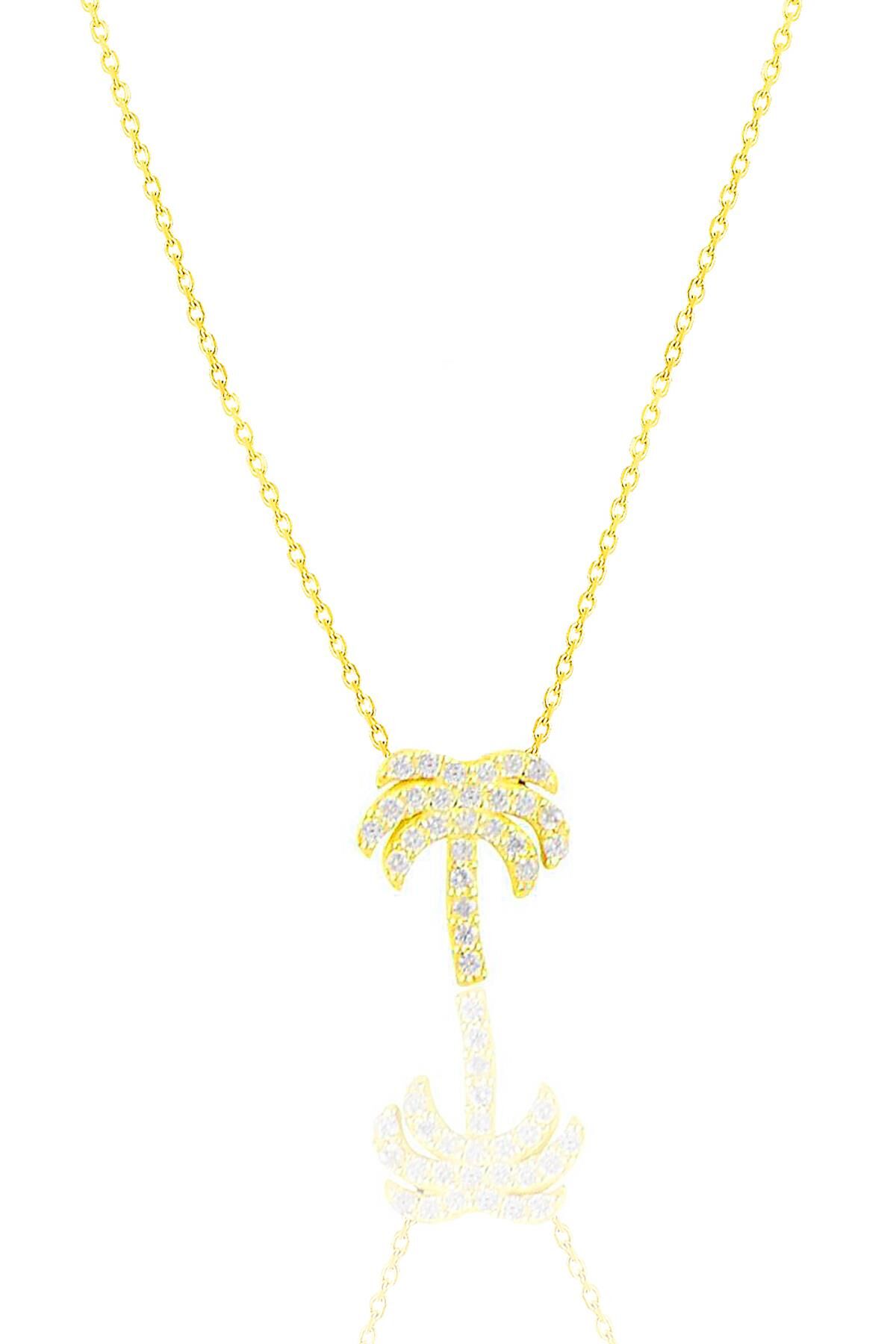 Gümüş altın yaldızlı zirkon taşlı palmiye kolye SGTL10303GOLD