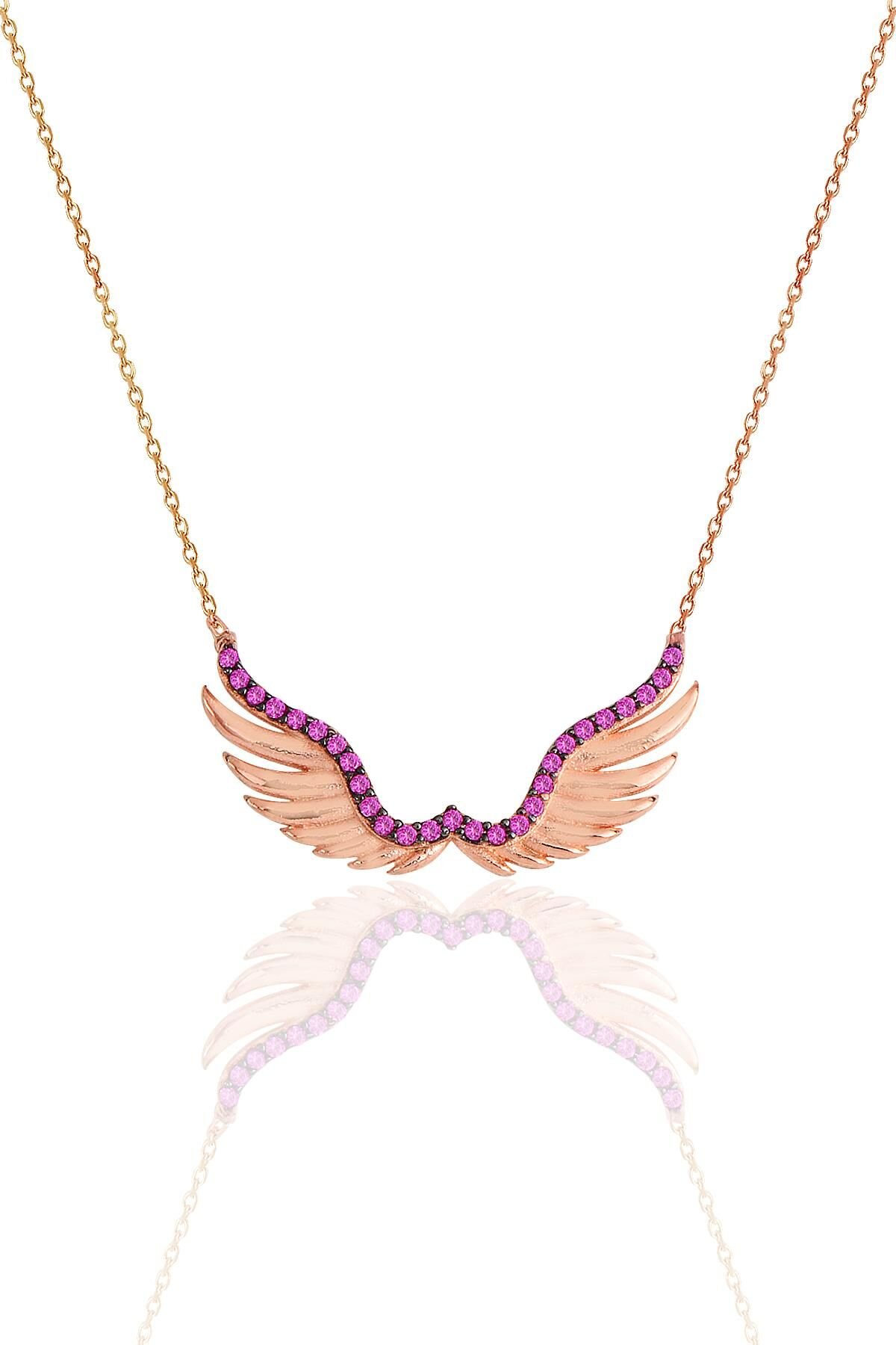 Gümüş rose kök yakut taşlı kanat kolye SGTL10402KIRMIZI