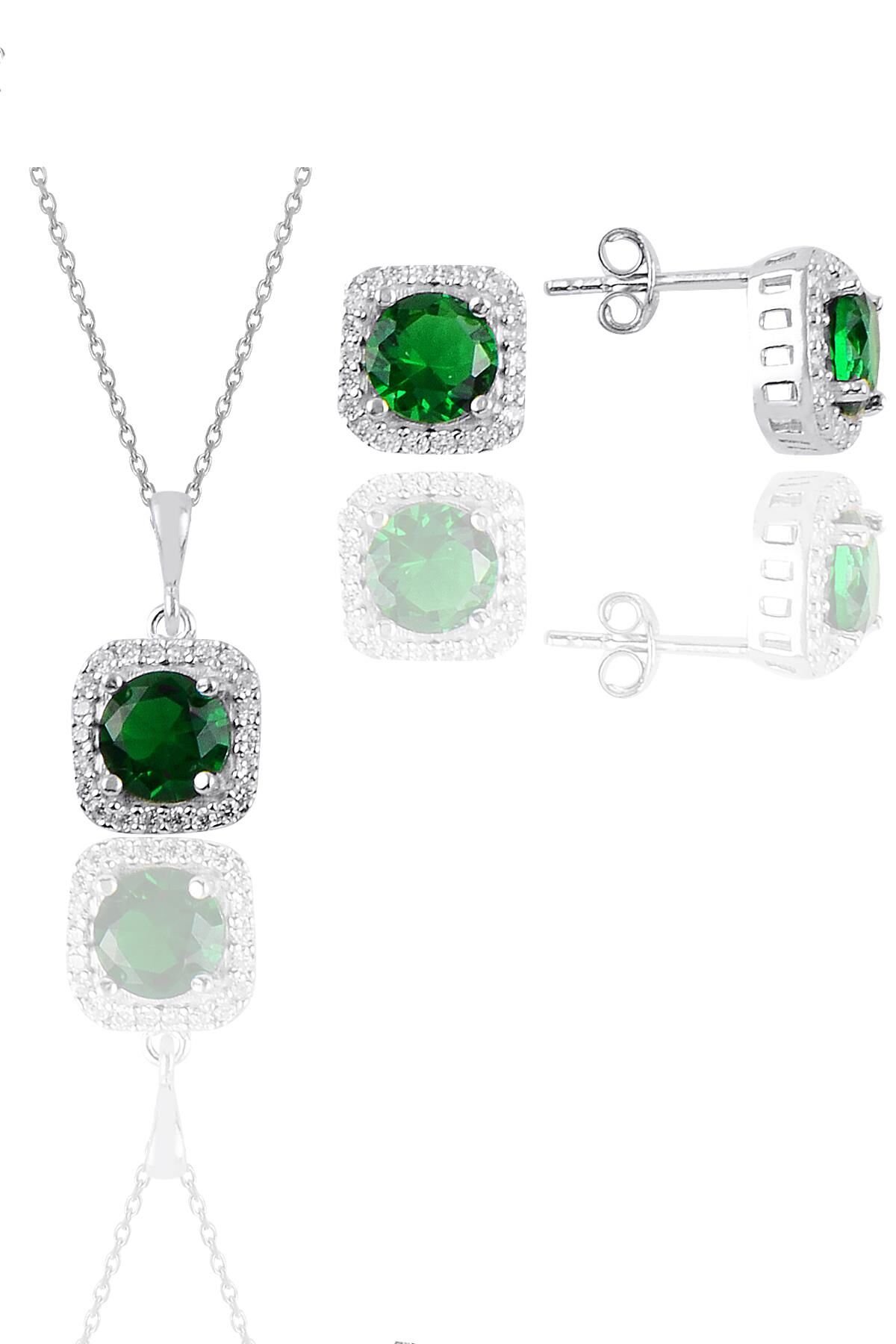Gümüş beyaz altın rodyumlu kök zümrüt taşlı kare ikili set SGTL11579YESIL