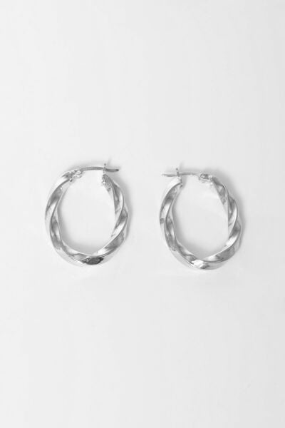 925 ayar gümüş küpe rodyumlu 33 mm burgu oval şekilli şarnel halka küpe SGTL13152RODAJ