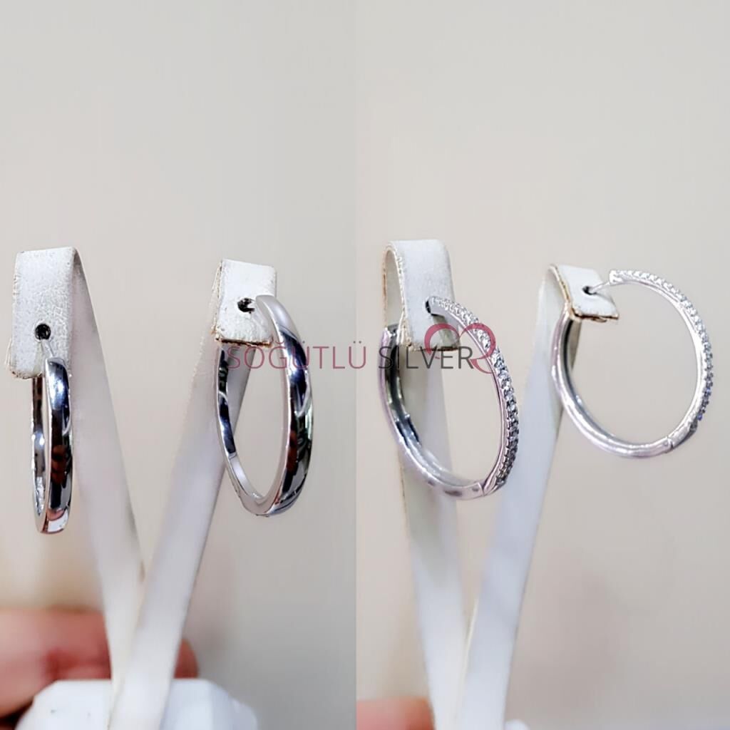 çift taraflı rodyumlu zirkon taşlı halka küpe küpe