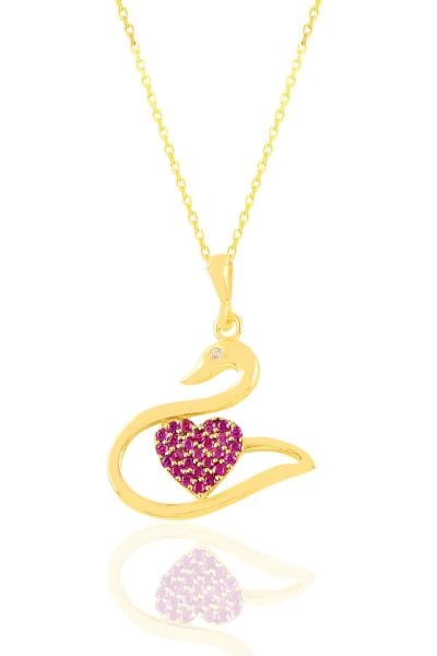 Gümüş altın yaldızlı fuşya taşlı kalpli kuğu kolye SGTL12590GOLD