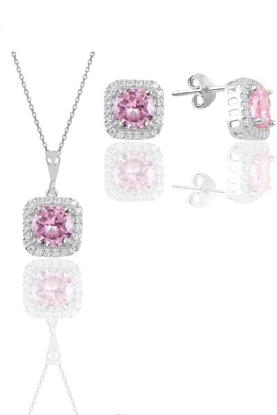 Gümüş beyaz altın rodyumlu pembe taşlı kare ikili set SGTL11579PEMBE
