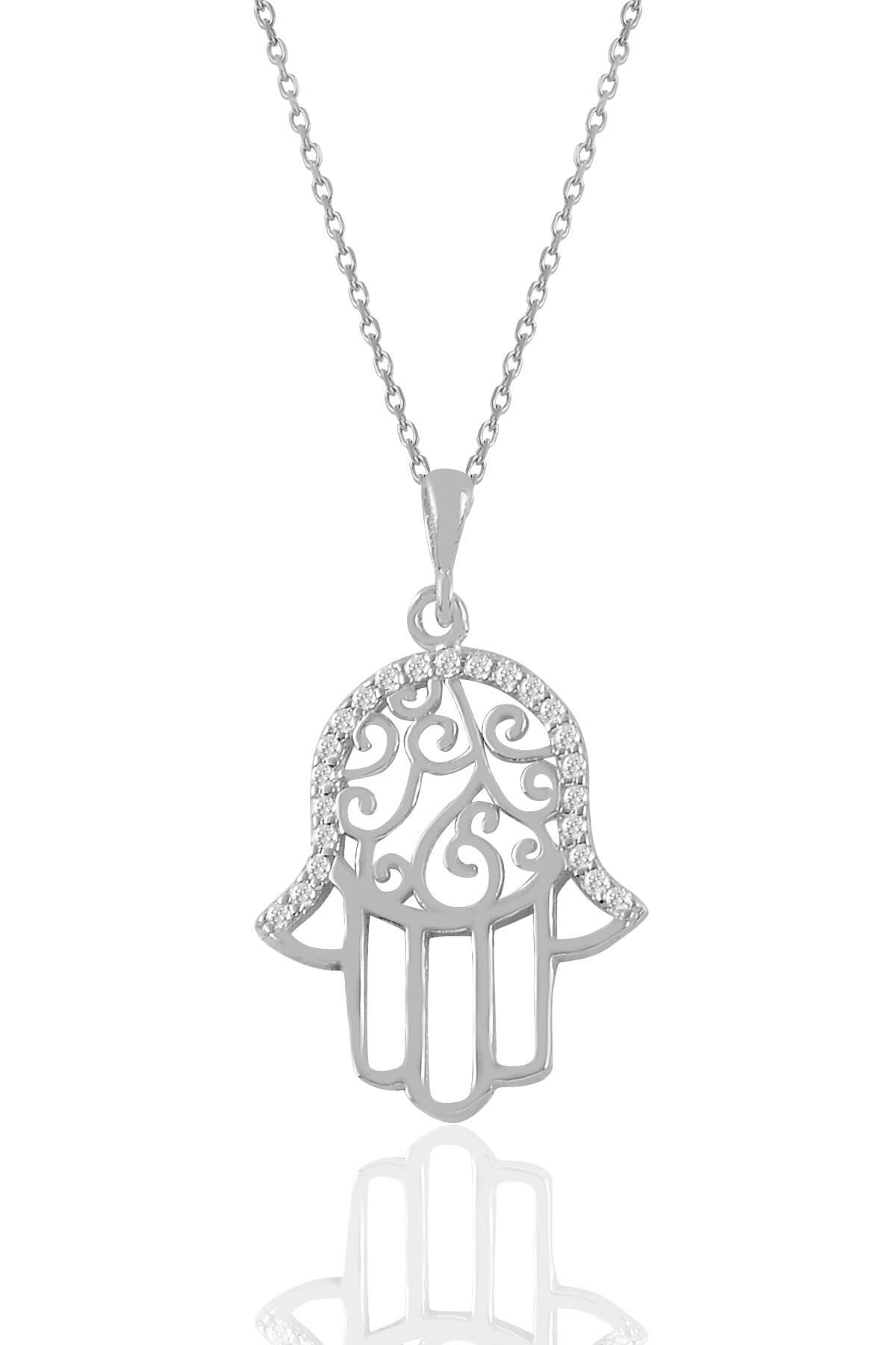 Gümüş rodyumlu zirkon taşlı işlemeli fatma ana eli kolye  SGTL11029RODAJ