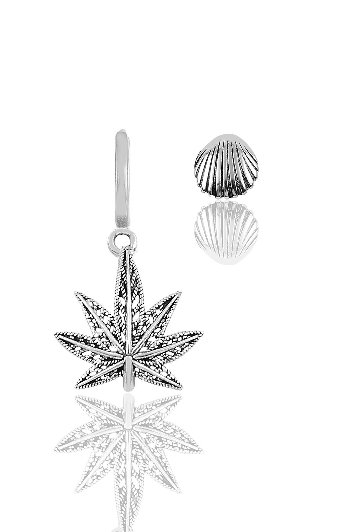 Gümüş yaprak ve midye kombin küpe SGTL11770