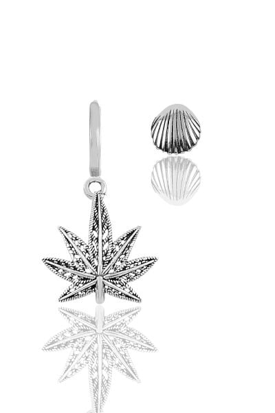 Gümüş yaprak ve midye kombin küpe SGTL11770