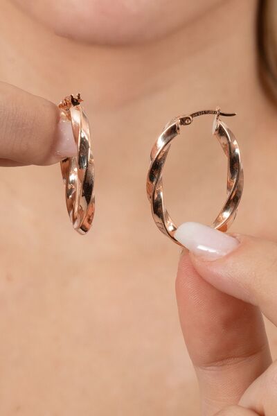 925 ayar gümüş küpe rose 33 mm burgu oval şekilli şarnel halka küpe SGTL13152ROSE