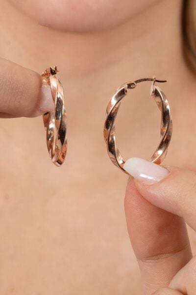 925 ayar gümüş küpe rose 33 mm burgu oval şekilli şarnel halka küpe SGTL13152ROSE