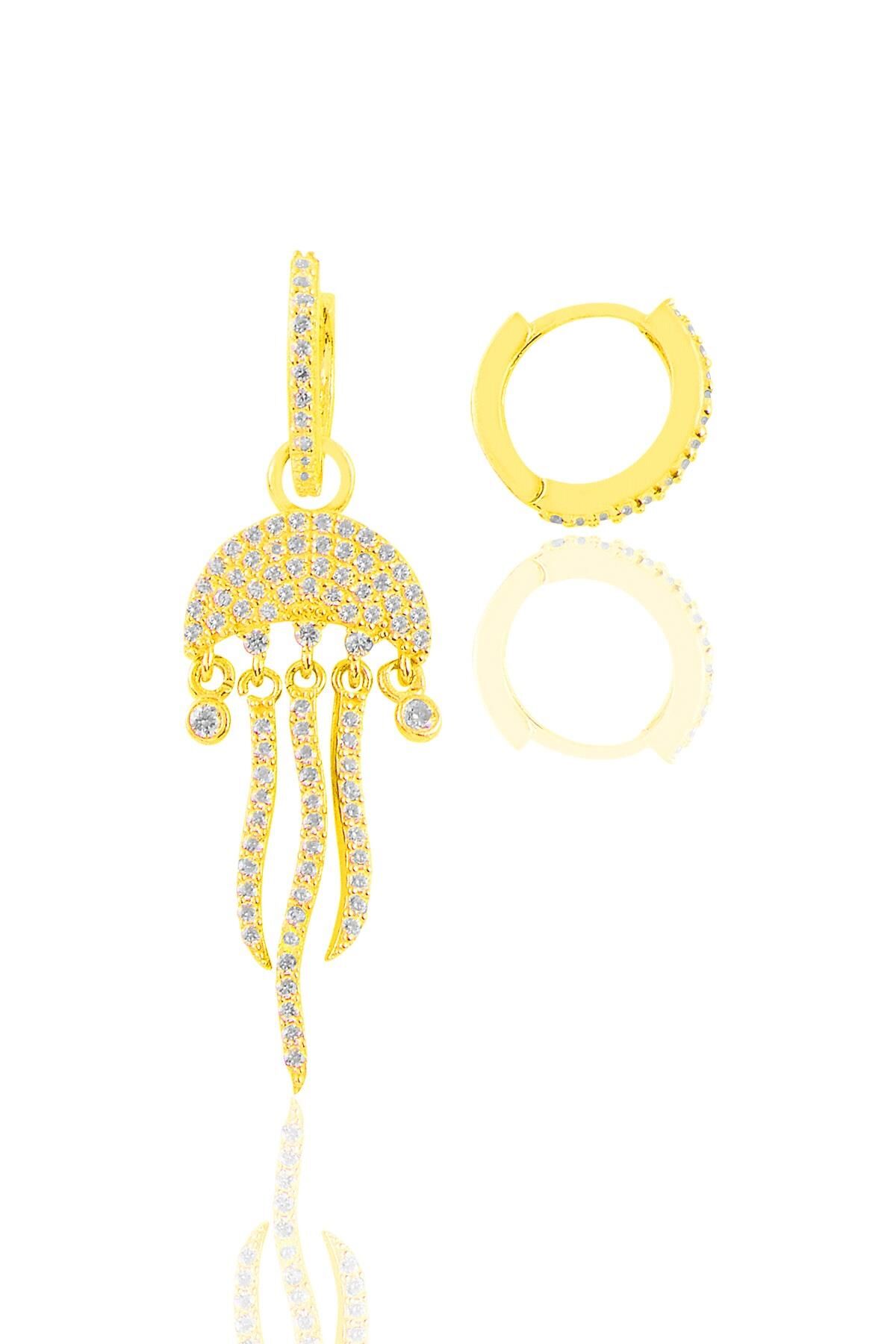 Gümüş altın yaldızlı zirkon taşlı deniz anası figürlü tarz küpe SGTL11358GOLD