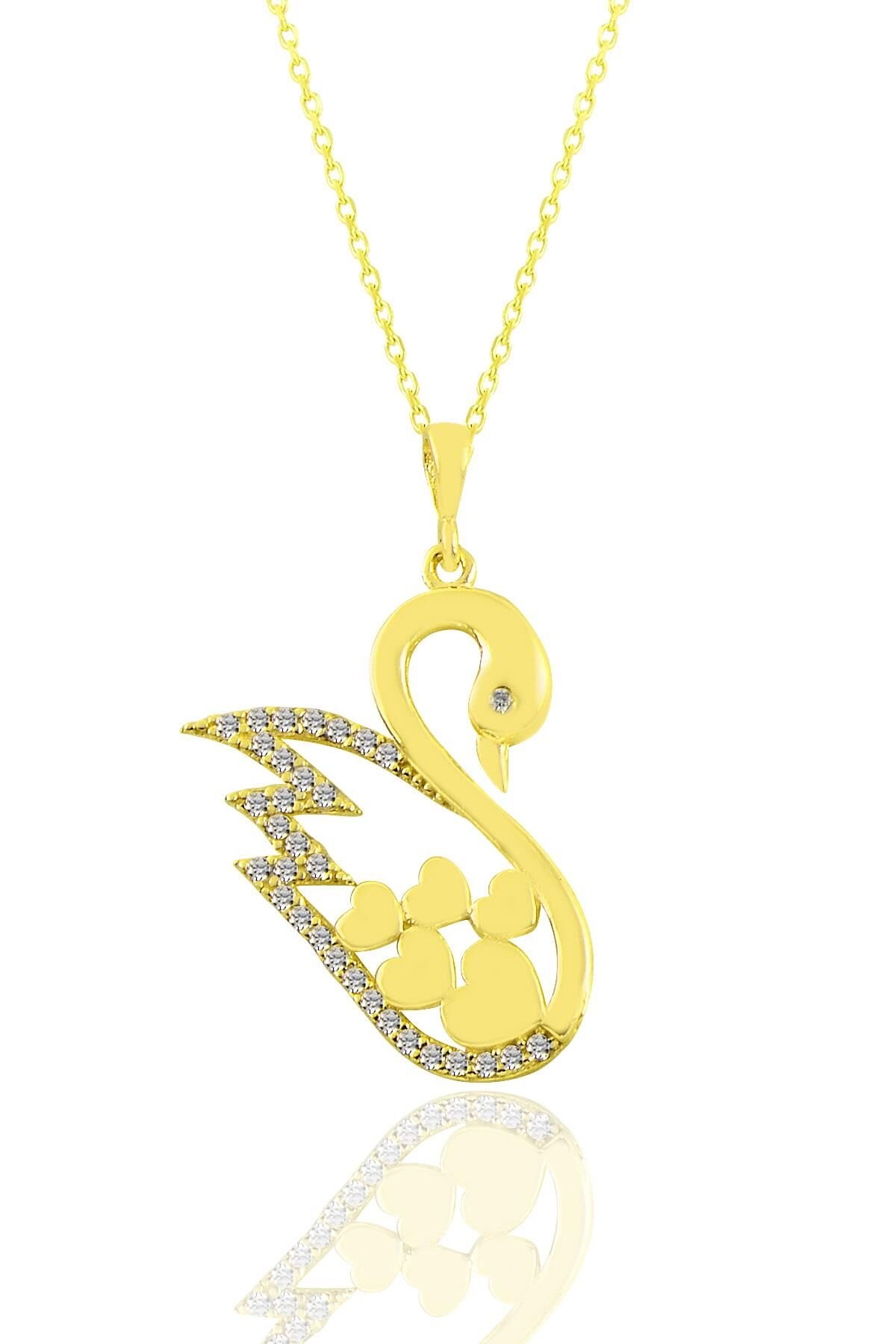 Gümüş altın yaldızlı zirkon taşlı kalpli kuğu kolye SGTL11033GOLD