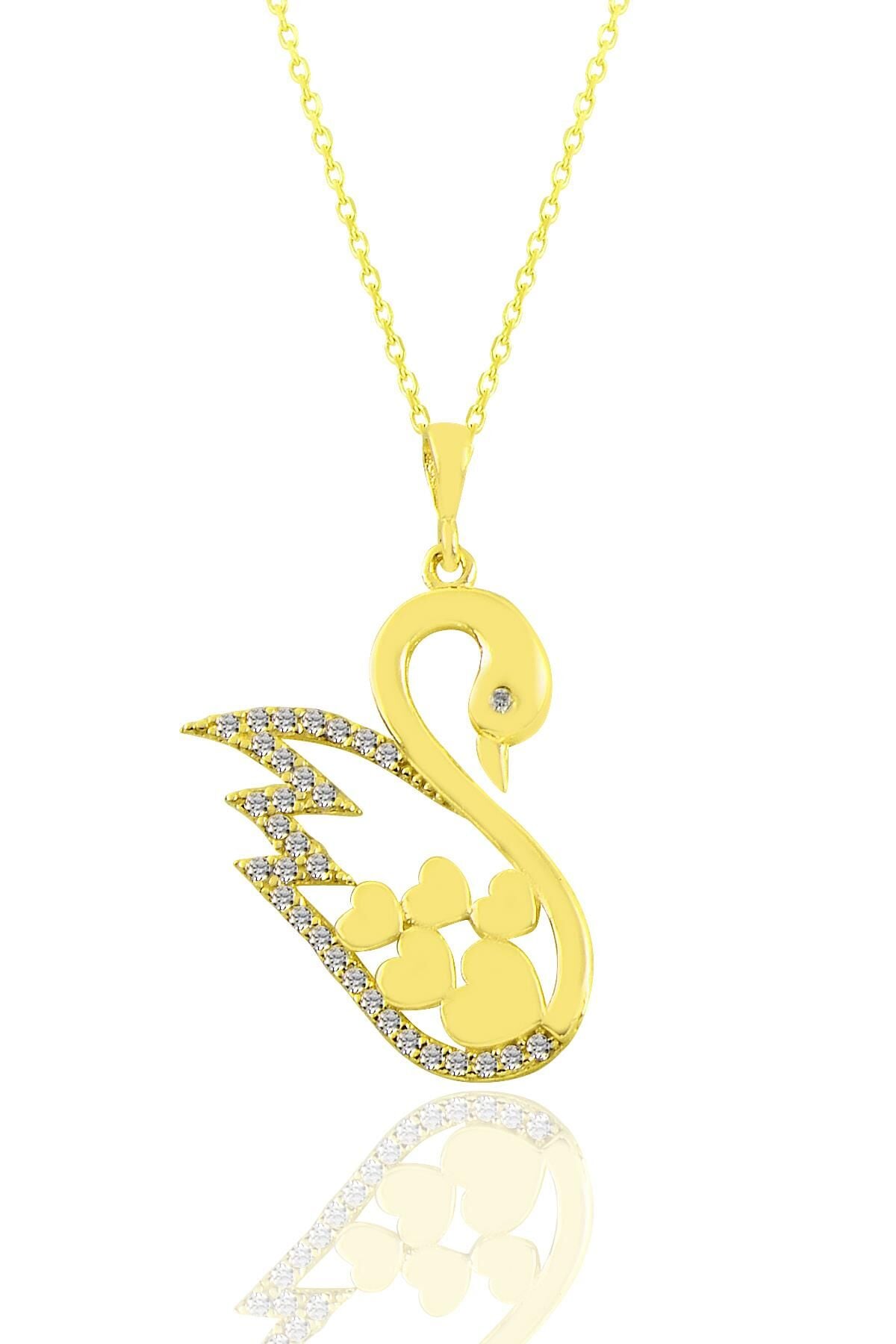 Gümüş altın yaldızlı zirkon taşlı kalpli kuğu kolye SGTL11033GOLD