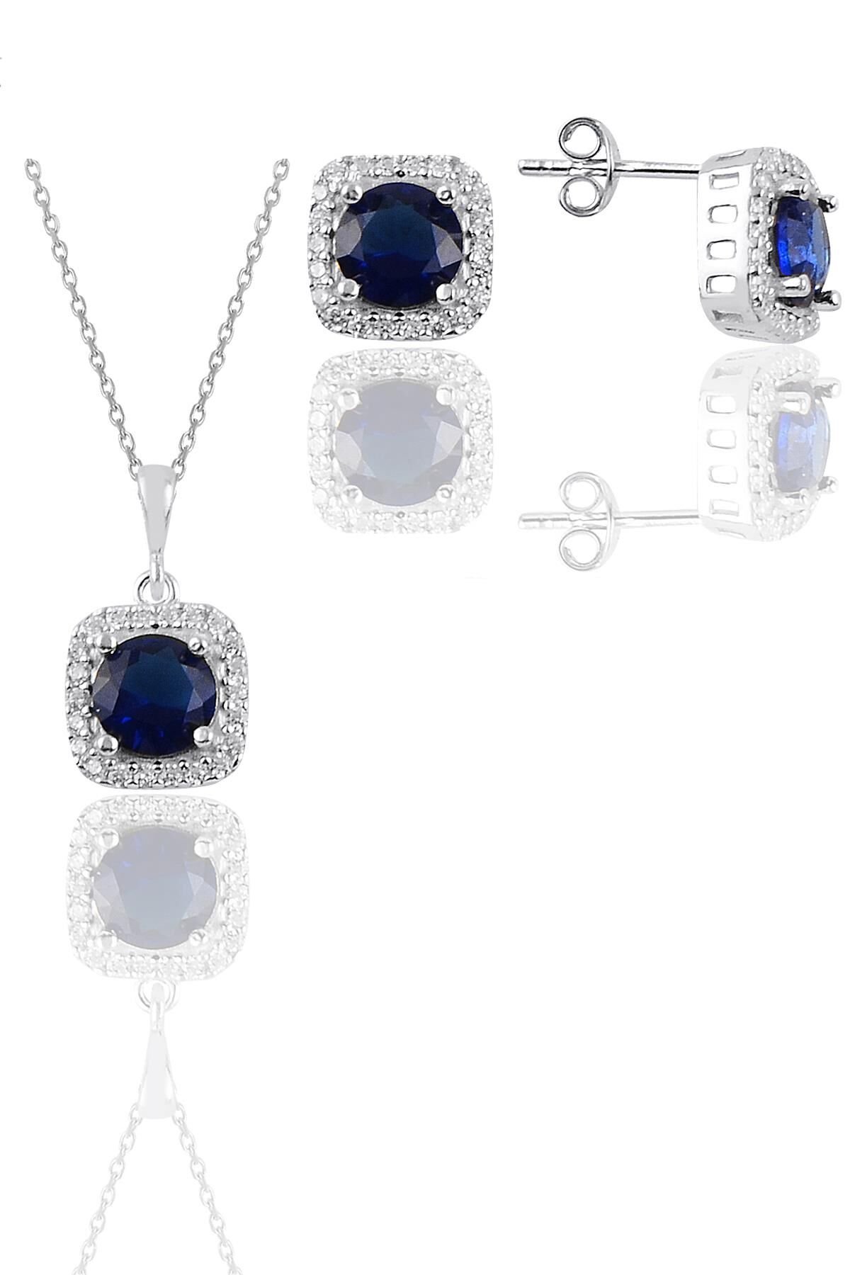 Gümüş beyaz altın rodyumlu safir taşlı kare ikili set SGTL11579LACIVERT