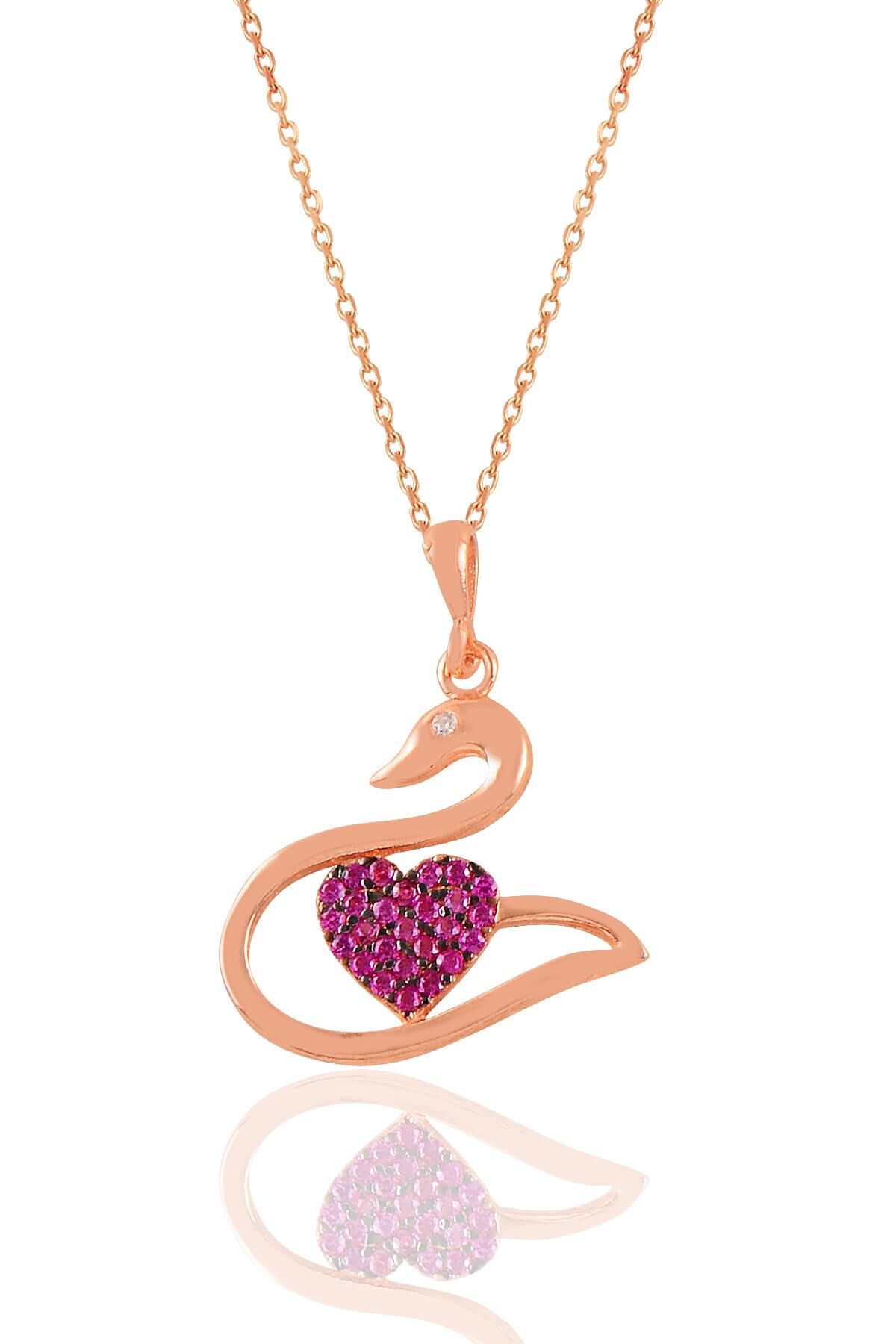 Gümüş rose fuşya taşlı kalpli kuğu kolye SGTL12590ROSE