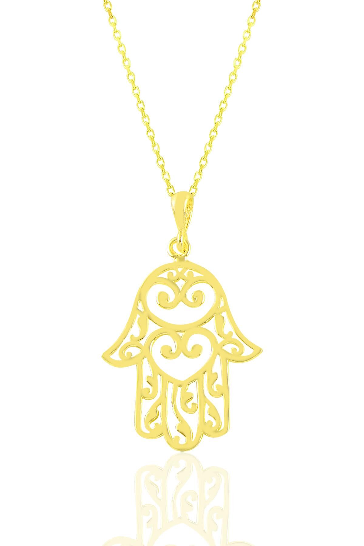 Gümüş altın yaldızlı  kalp işlemeli  fatma ana eli kolye  SGTL11030GOLD