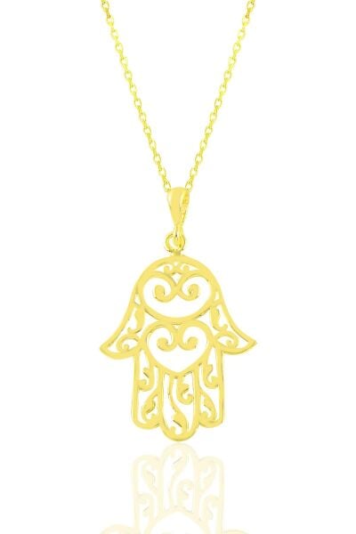 Gümüş altın yaldızlı  kalp işlemeli  fatma ana eli kolye  SGTL11030GOLD