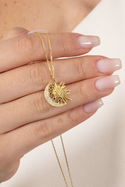 Gümüş altın yaldızlı zirkon taşlı gece gündüz kolye SGTL12591GOLD