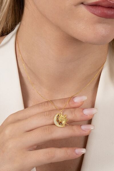 Gümüş altın yaldızlı zirkon taşlı gece gündüz kolye SGTL12591GOLD