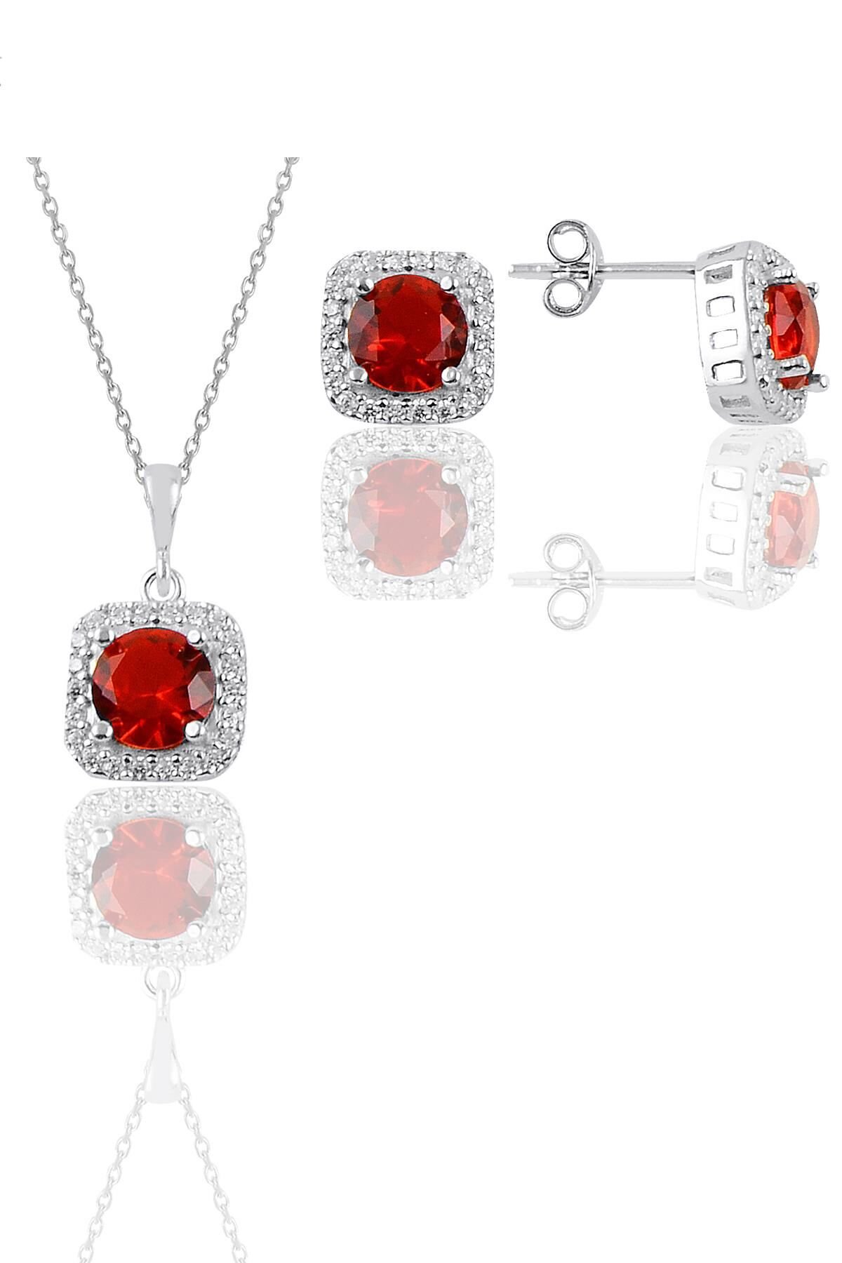 Gümüş beyaz altın rodyumlu kırmızı taşlı kare ikili set SGTL11579KIRMIZI