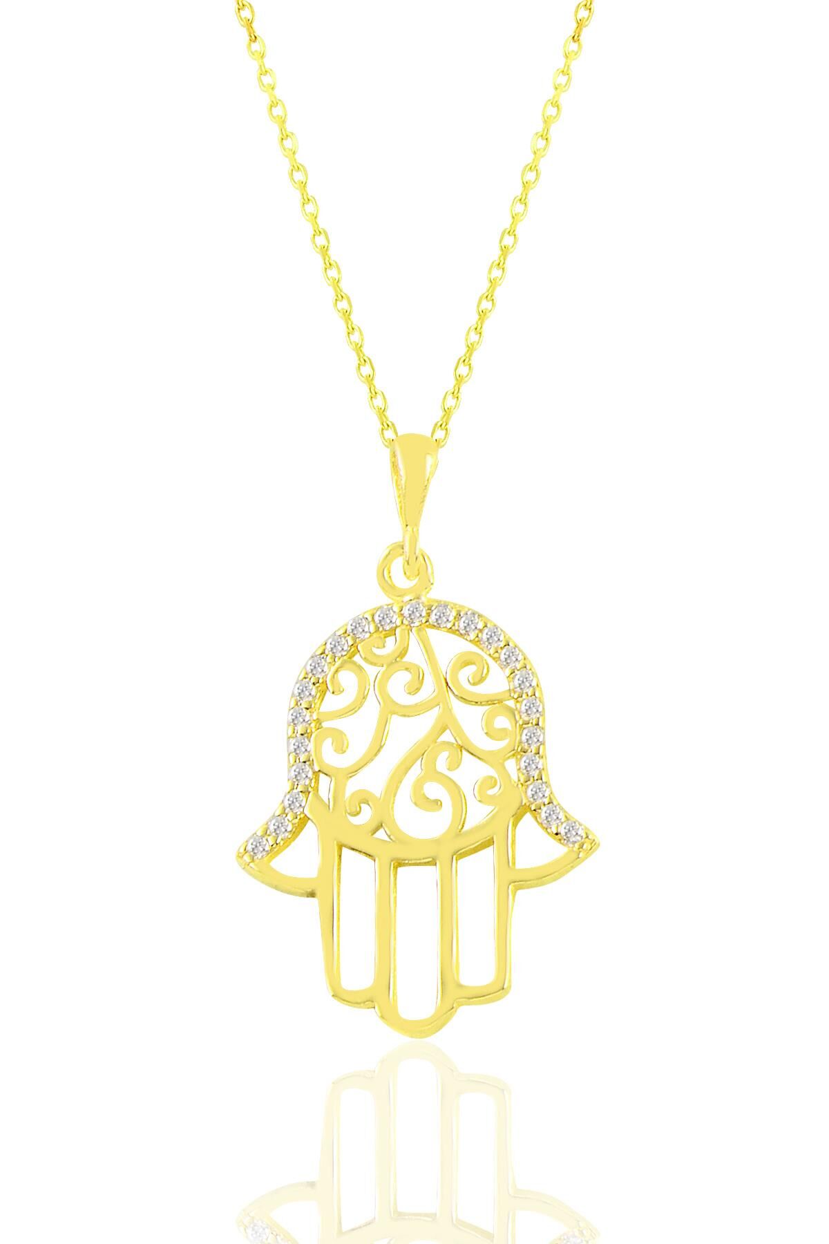 Gümüş altın yaldızlı zirkon taşlı işlemeli fatma ana eli kolye  SGTL11029GOLD