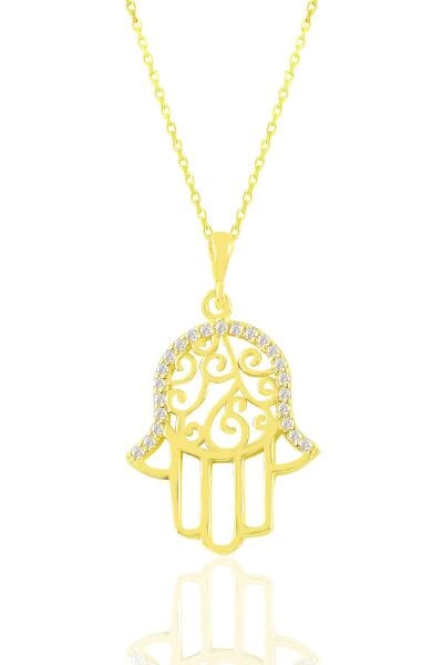 Gümüş altın yaldızlı zirkon taşlı işlemeli fatma ana eli kolye  SGTL11029GOLD