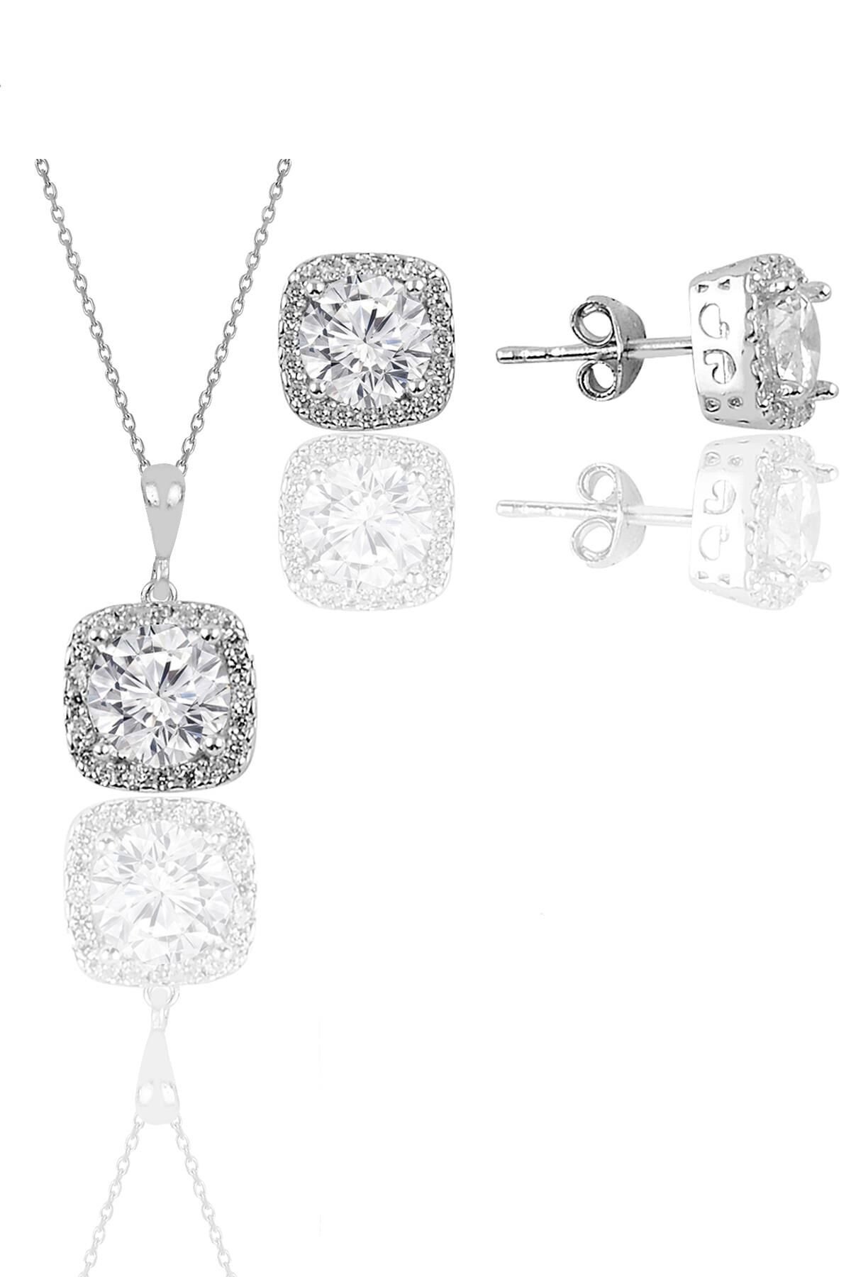 Gümüş beyaz altın rodyumlu zirkon taşlı kare ikili set SGTL11579BEYAZ