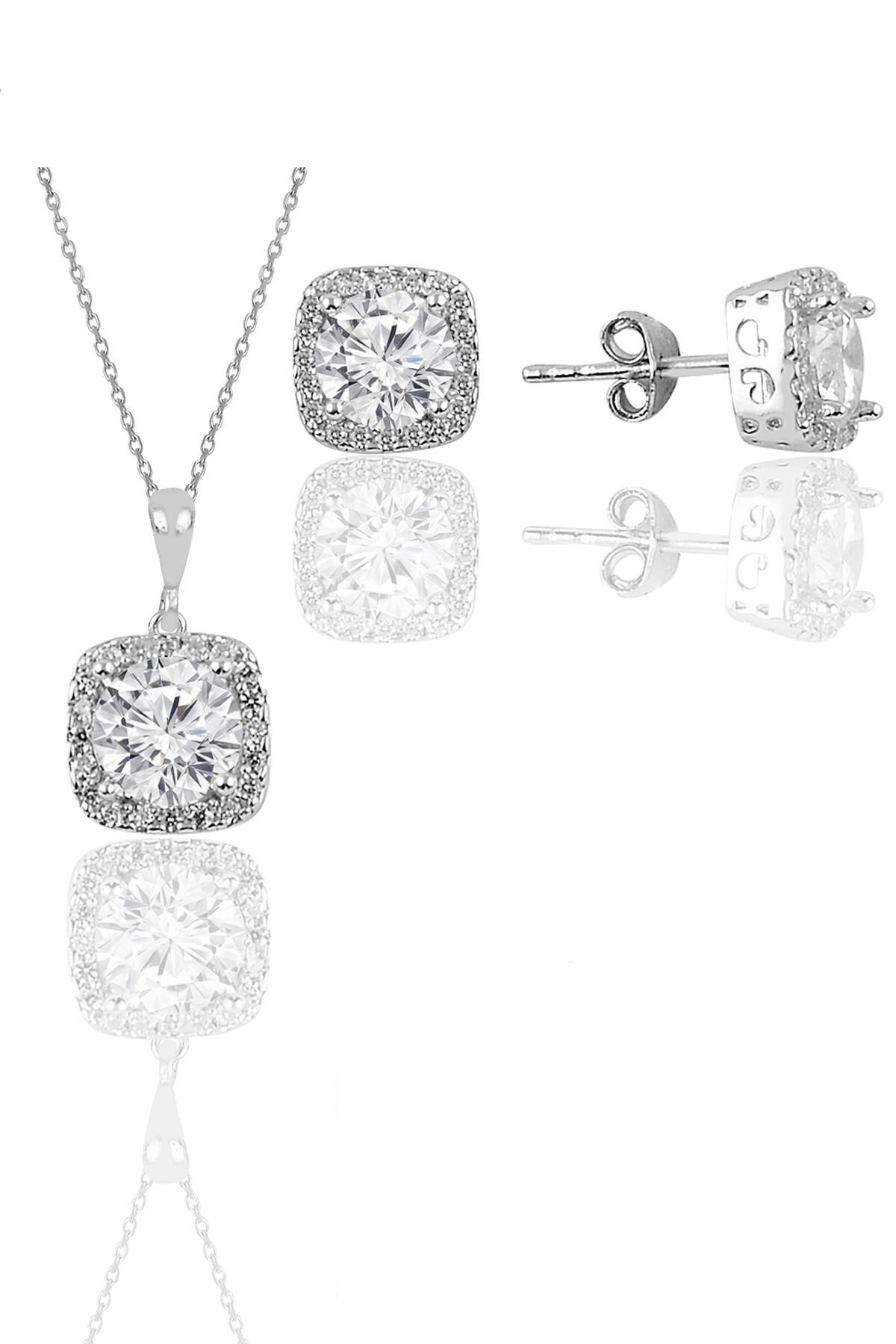 Gümüş beyaz altın rodyumlu zirkon taşlı kare ikili set SGTL11579BEYAZ