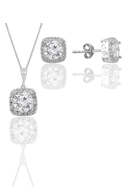 Gümüş beyaz altın rodyumlu zirkon taşlı kare ikili set SGTL11579BEYAZ