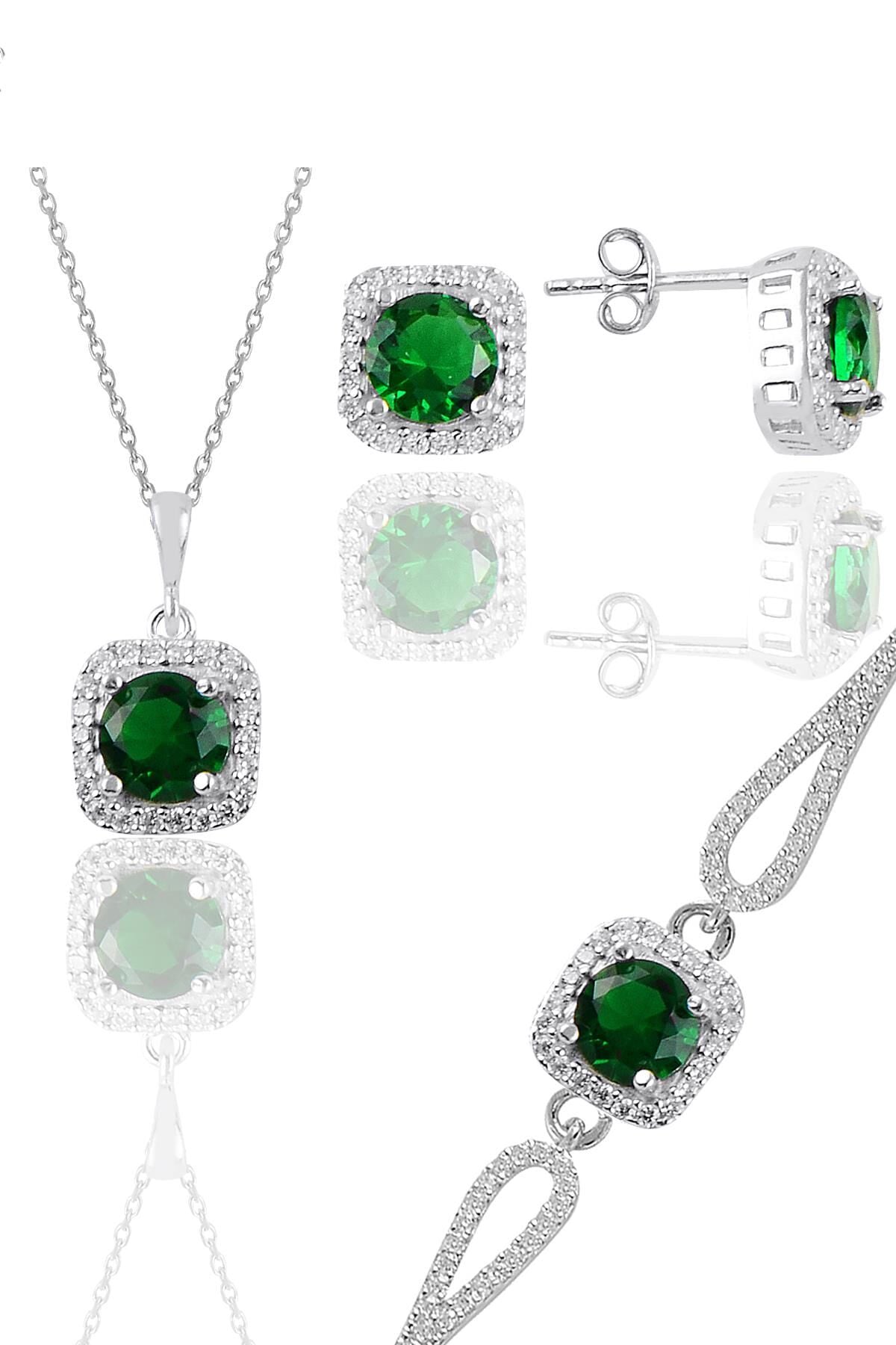 Gümüş rodyumlu kök zümrüt taşlı kare kolye küpe ve bileklikten oluşan üçlü set SGTL11578YESIL